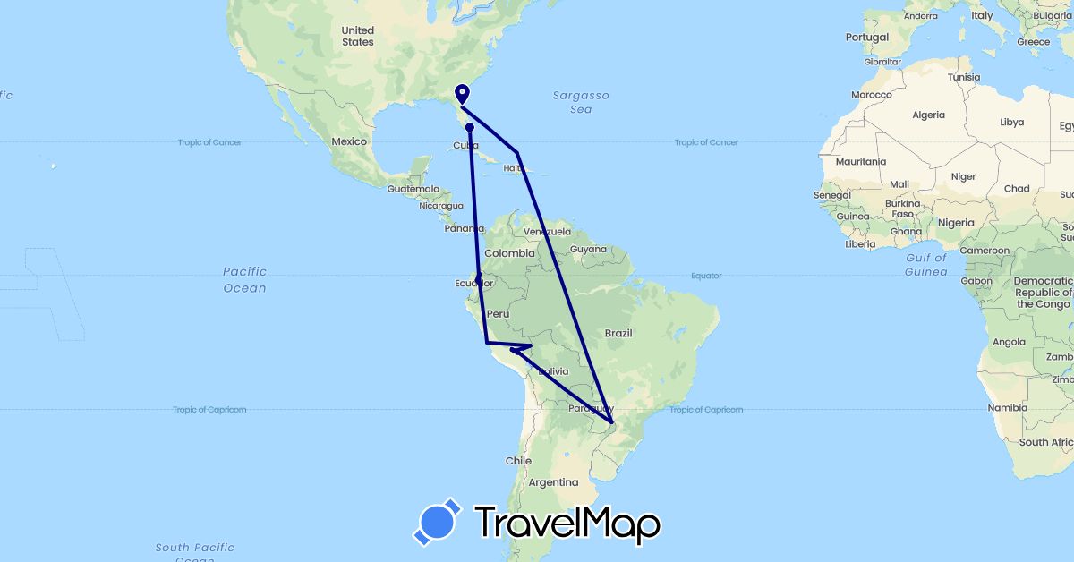 TravelMap itinerary: driving in Argentina, Brazil, Ecuador, Peru, Turks and Caicos Islands, United States (North America, South America)